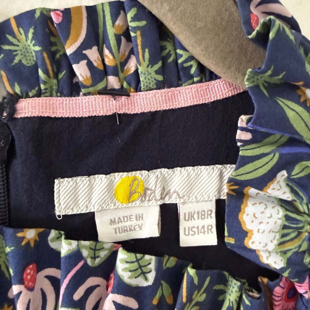 Boden Botanical Floral Tiered Midi Dress Navy Blue Ruffled Puff Sleeve US 14R - Picture 2 of 10